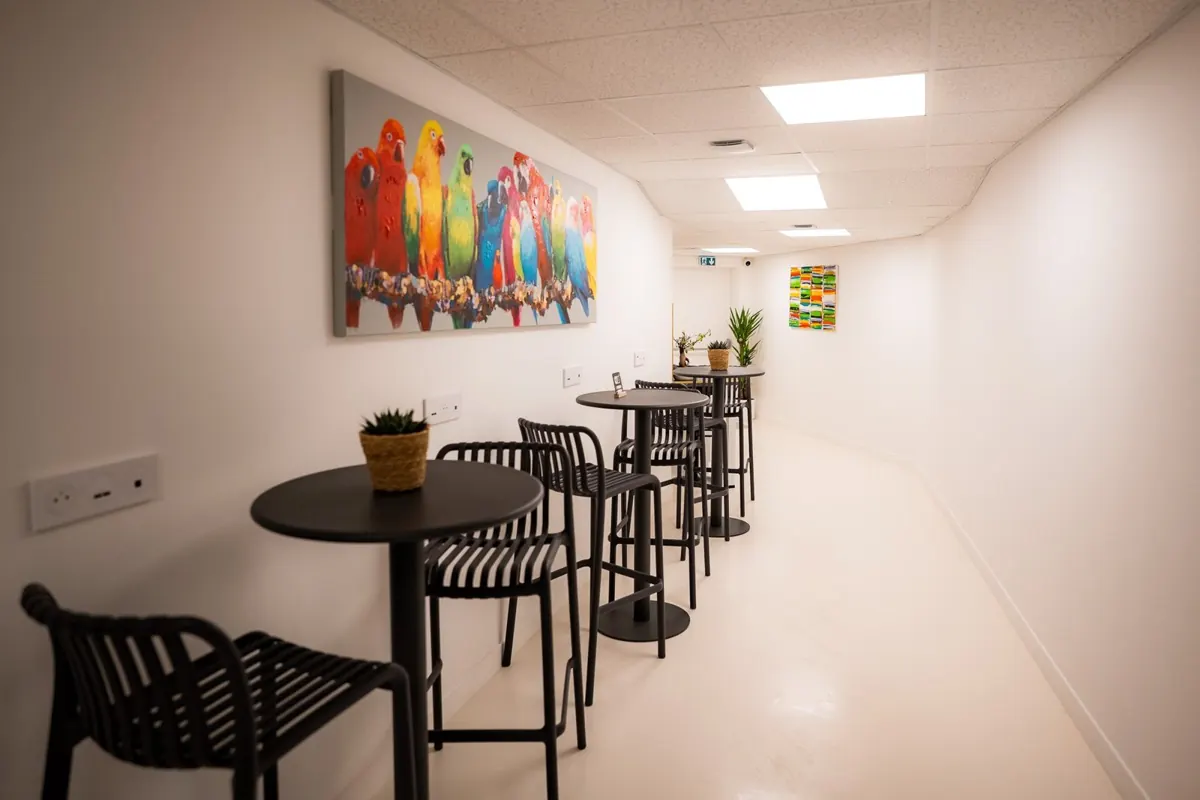 Les tables hautes et le tableau aux perroquets